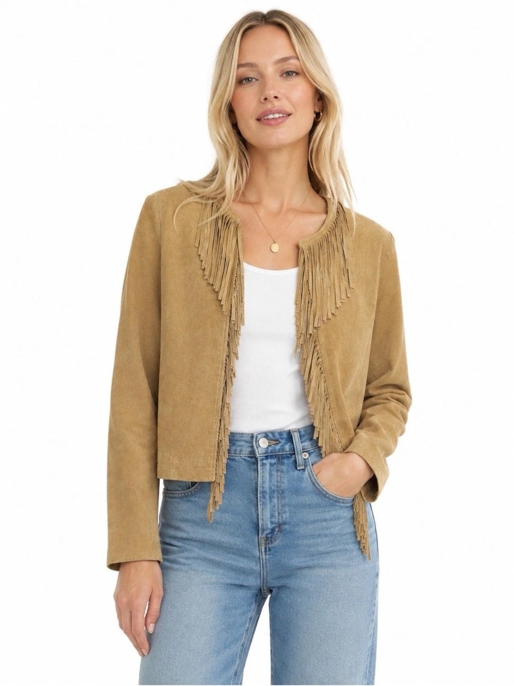 Live A Little 100% Tan Suede Jacket Fringe Western Boho Festival Women's Size L